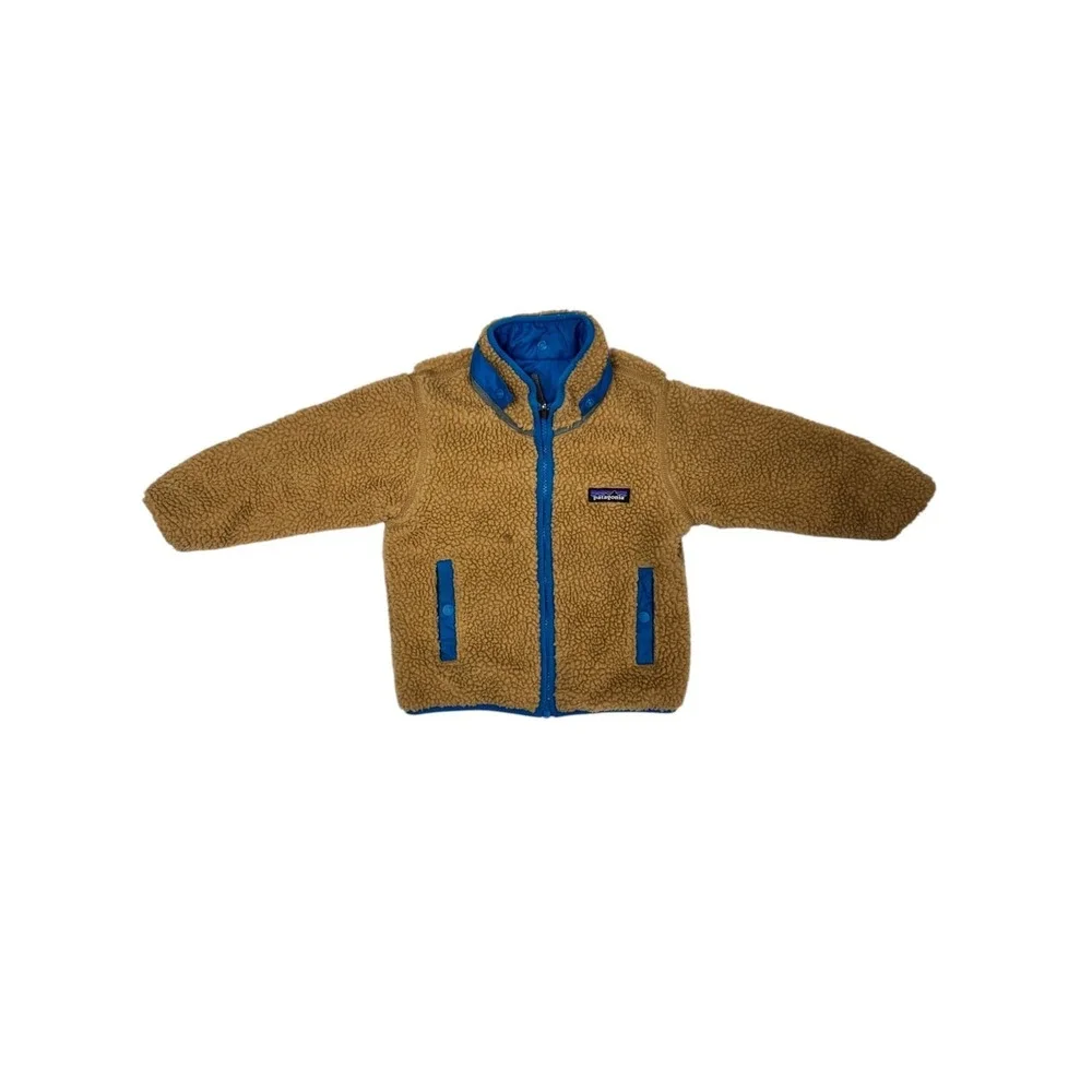 Patagonia Reversible Tribbles Hooded Jacket‎ Blue Grey Tan Fleece Toddler 2T